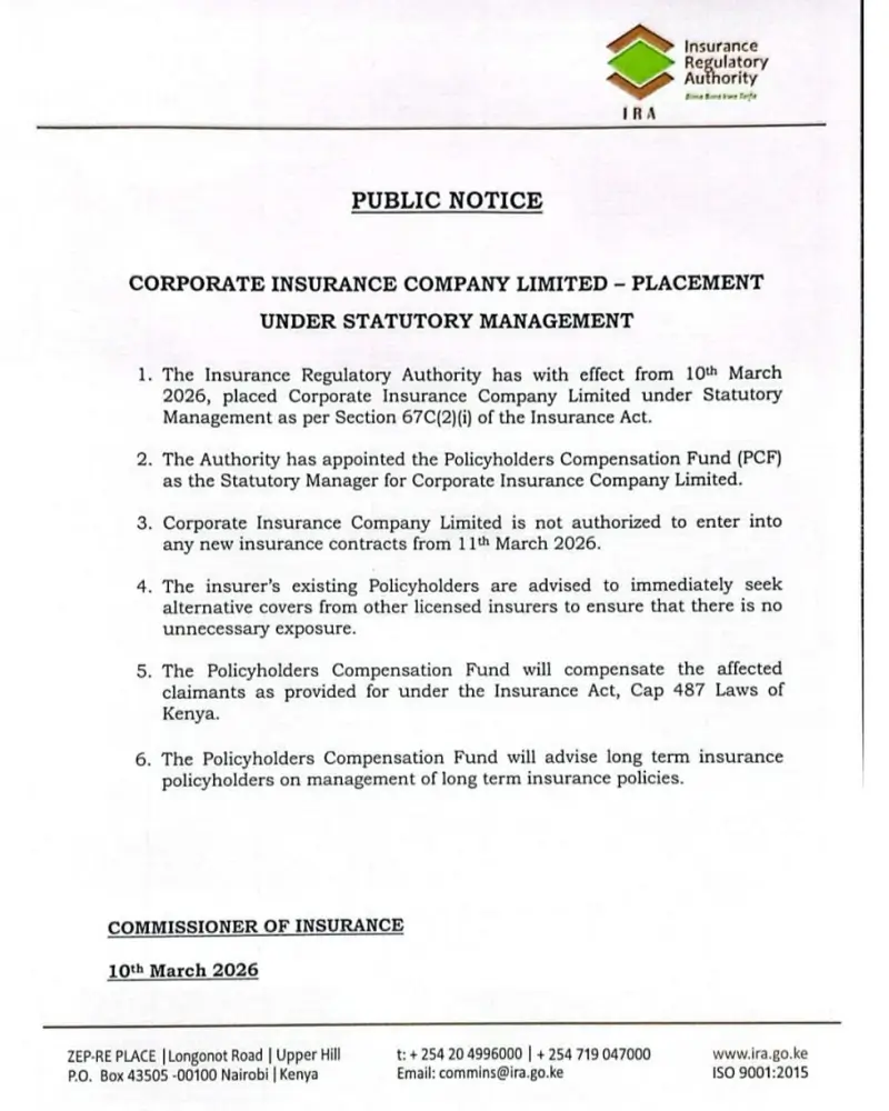 Regulatory Updates the Insurance Regulatory Authority IRA placed Corporate Insurance Company under statutory management