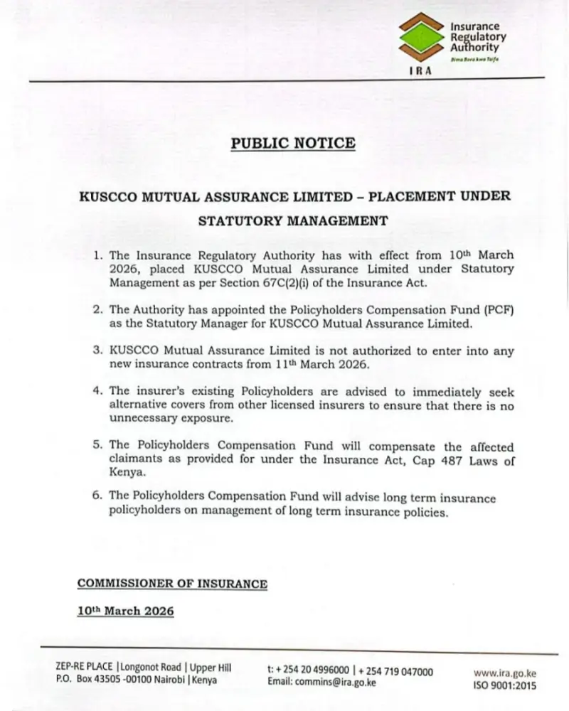Regulatory Updates the Insurance Regulatory Authority IRA placed KUSCCO Mutual Assurance Limited under statutory management