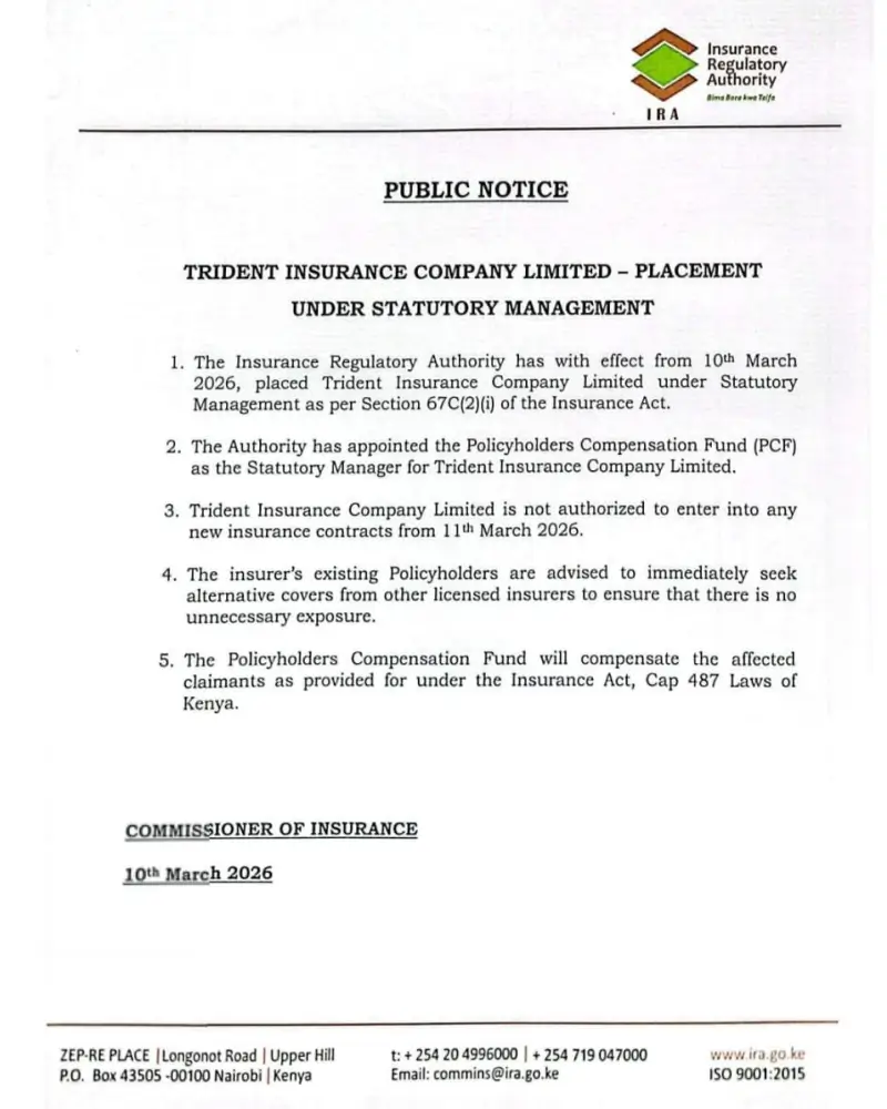 Regulatory Updates the Insurance Regulatory Authority IRA placed Trident Insurance Company under statutory management