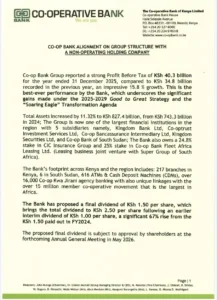 Co-operative Bank of Kenya to Transition into Holding Company Structure