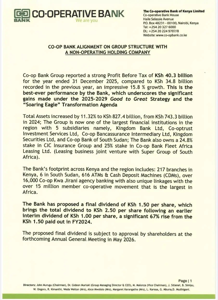 Co-operative Bank of Kenya to Transition into Holding Company Structure