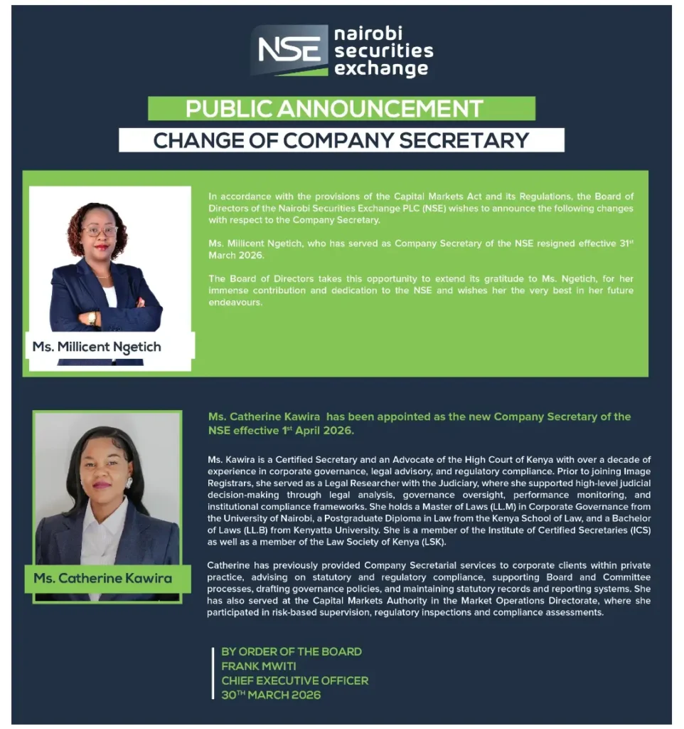 Leadership Update Catherine Kawira has been appointed as the NSE Company Secretary, succeeding Millicent Ngetich, who resigned from the position
