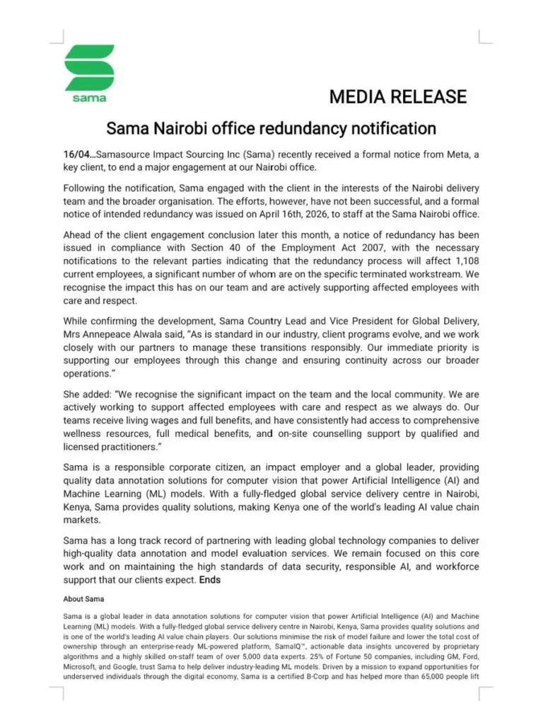Samasource Impact Sourcing Inc, a global leader in AI data annotation, is laying off 1,108 workers in Nairobi after Meta ended its contract