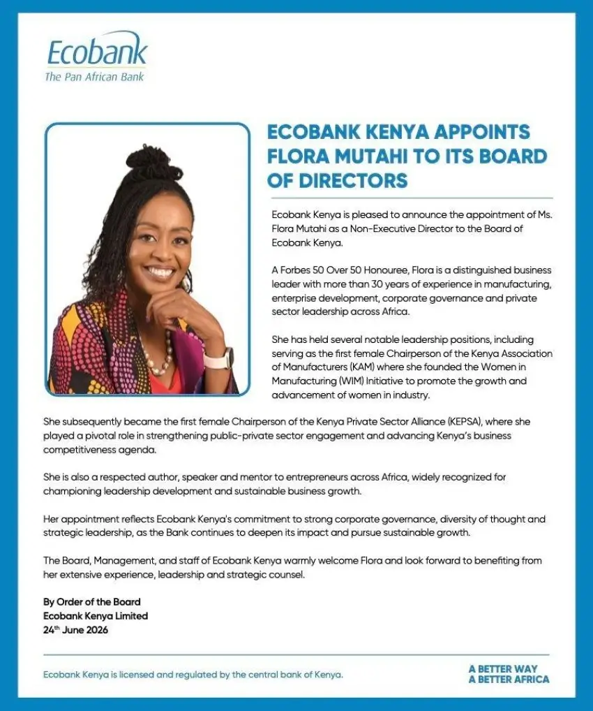 Ecobank Kenya Appoints Flora Mutahi to its Board