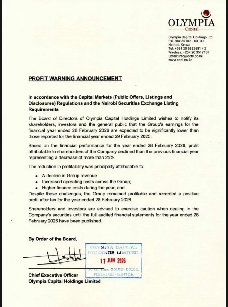 Olympia Capital Holdings has issued a profit warning, citing lower revenue, higher operating costs, and increased finance costs