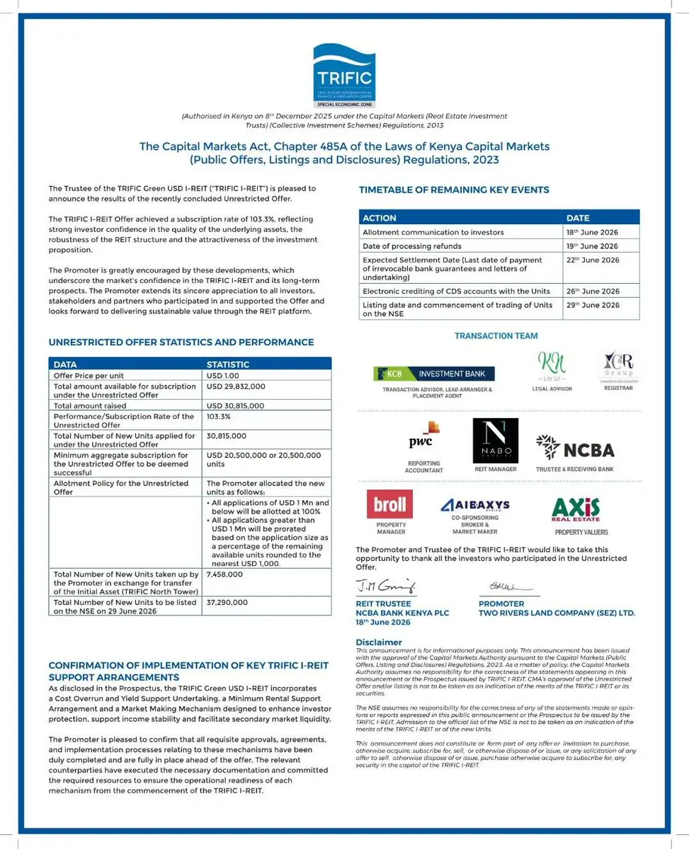 TRIFIC Green USD I-REIT Raises Ksh 4 Billion Happy Father's Day