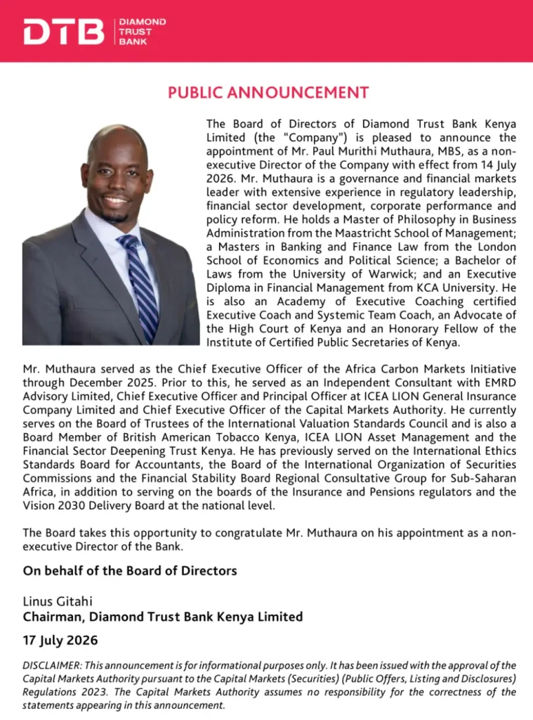 Diamond Trust Bank Kenya appointed Paul Muthaura as a Non-Executive Director