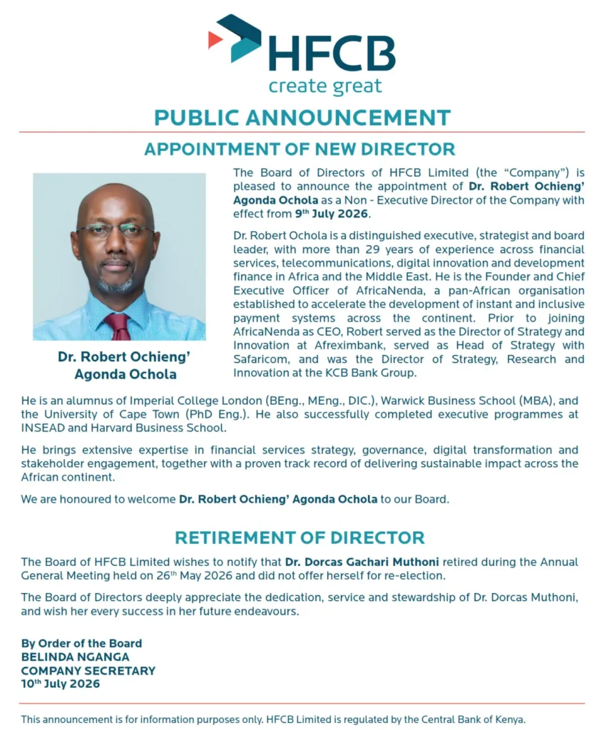 HFCB appointed Dr. Robert Ochieng' Agonda Ochola as a Non-Executive Director