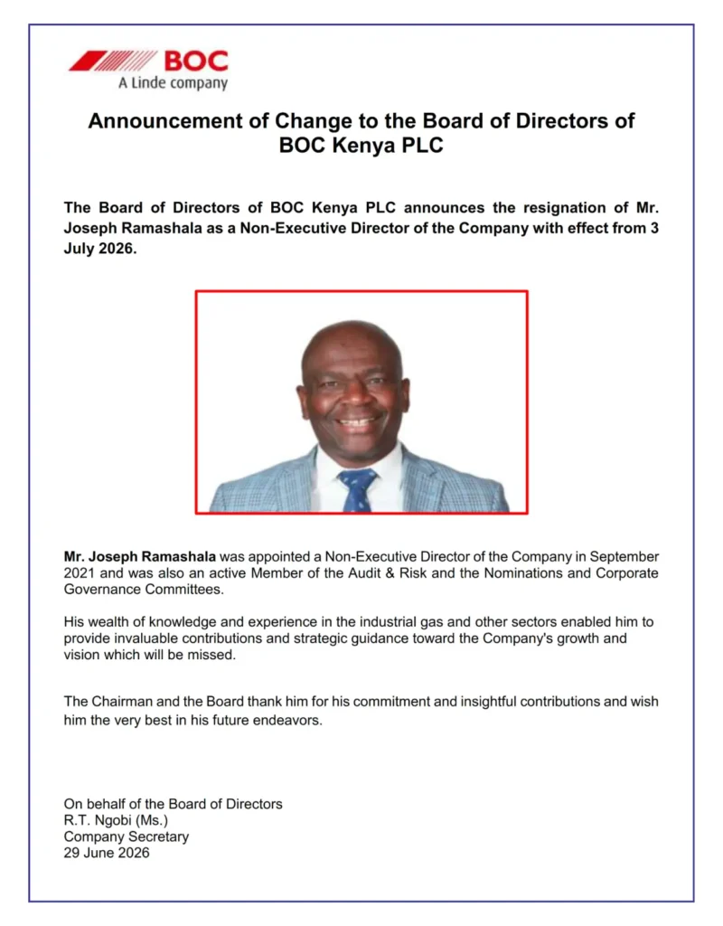 Leadership Changes BOC Kenya PLC announced the resignation of Joseph Ramashala as a Non-Executive Director, effective 3 July 2026.