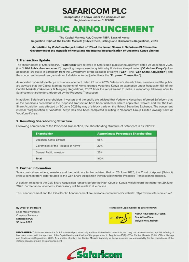 Public Announcement Safaricom Stake Sale Complete