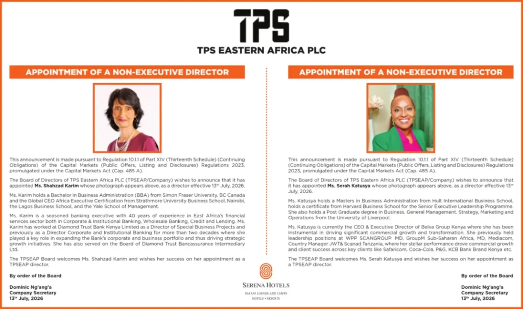 TPS Eastern Africa PLC (Serena Hotels) appointed Shahzad Karim and Serah Katusya as Non-Executive Directors