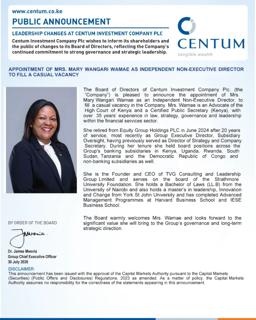 Centum Investment Leadership Change Appoint of Mrs MAry Wangari as Independednt Non Executive to fill a Casual Vacancy