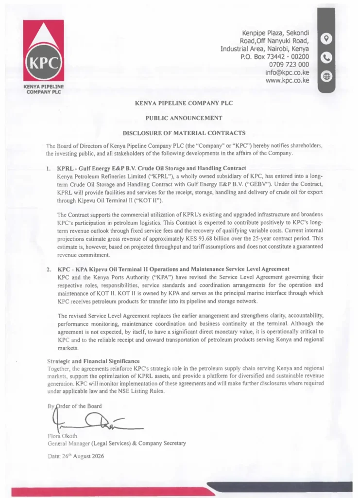 Kenya Pipeline Company has disclosed two major material contracts expected to generate Ksh 93.68 billion over 25 years through its subsidiary, Kenya Petroleum Refineries Limited
