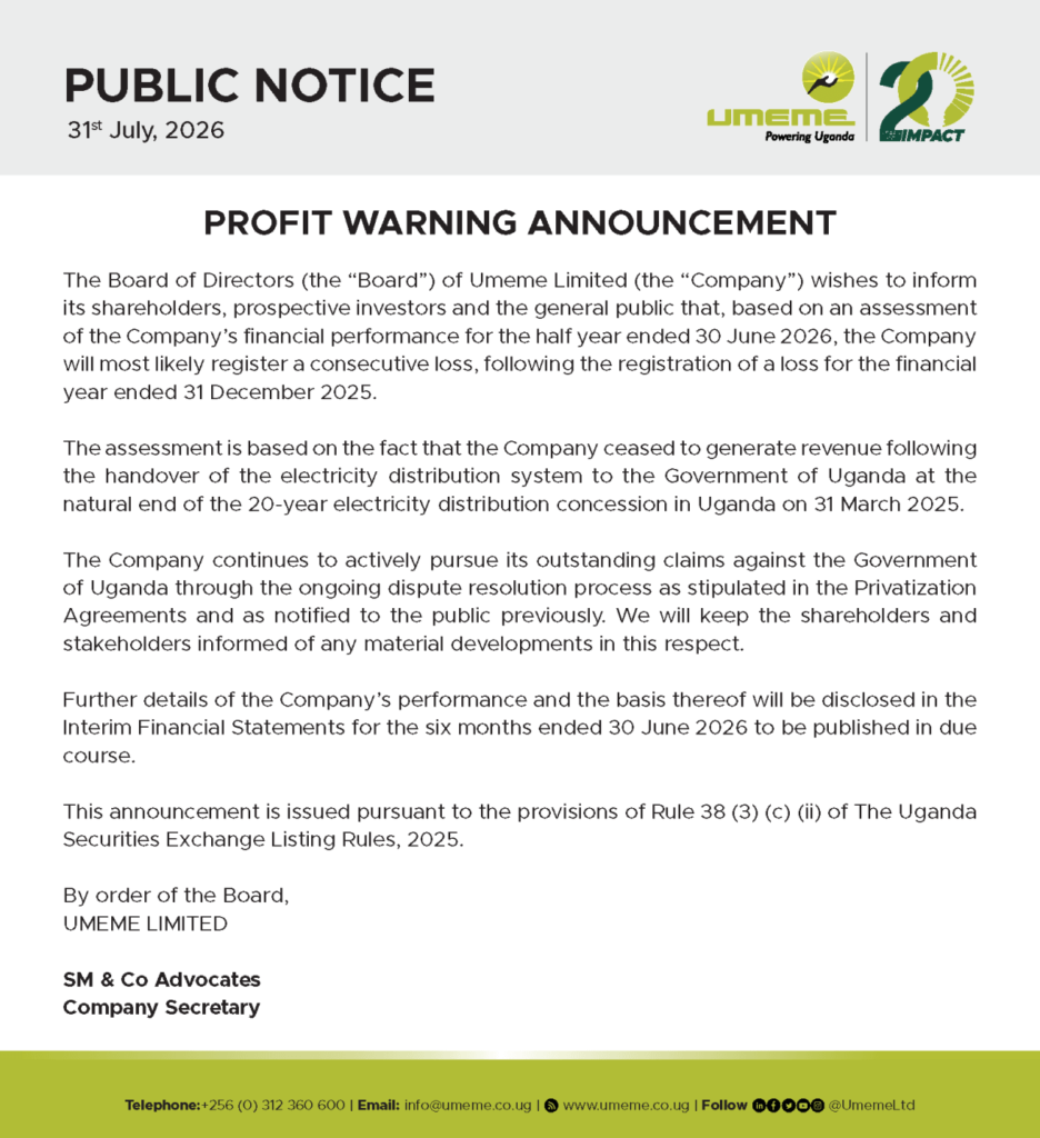 Publlic Notice Umeme Limited Profit Warning Announcement
