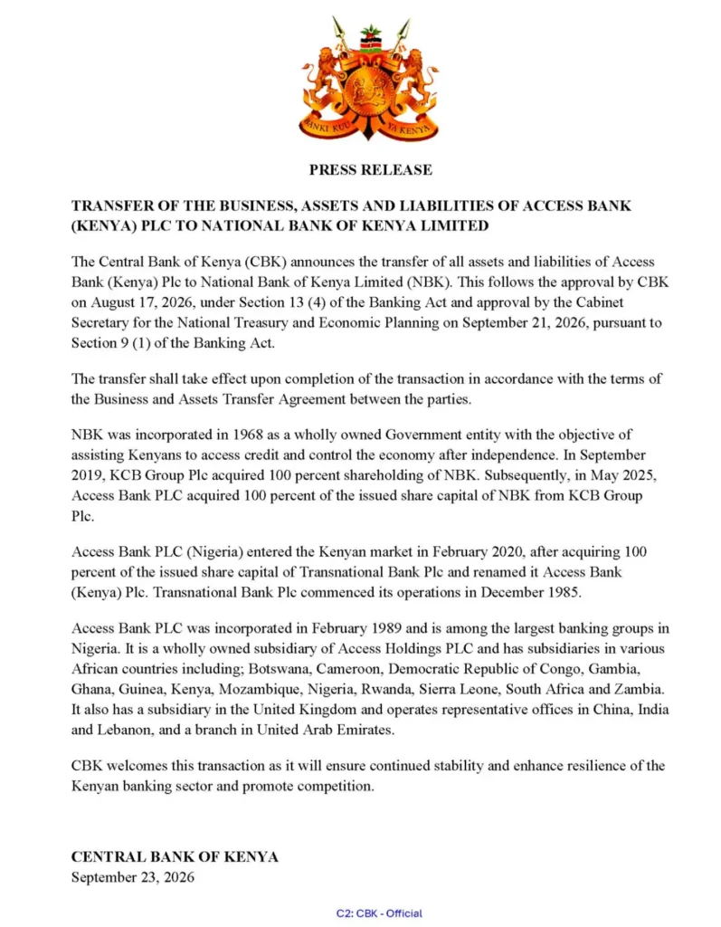 Access Bank Kenya Transfers Business to NBK