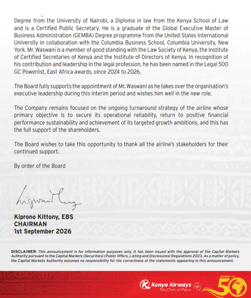 KQ Company Secretary and Director of Legal Services, Habil Waswani appointed to take over the role in an acting capacity effective September 15, 2026