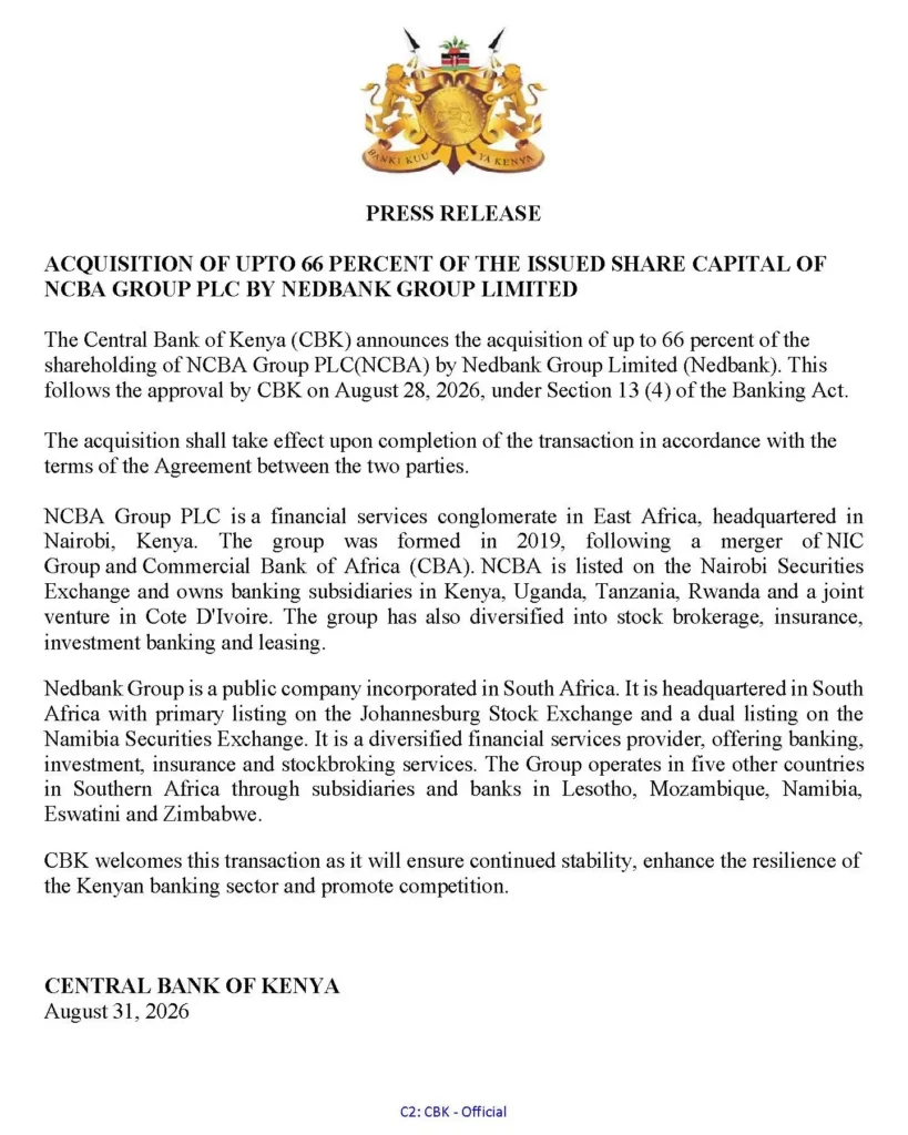 The Central Bank of Kenya (CBK) officially approved South Africa’s Nedbank Group Limited to acquire up to a 66pc majority stake in NCBA Group PLC