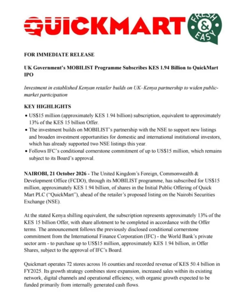 Quickmart IPO Attracts US$15 Million from UK Government Programme