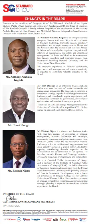 Standard Group Announces CEO Resignation and Board Changes